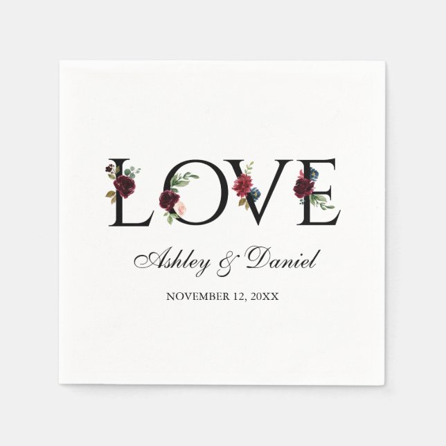 Blue Burgundy Watercolor Liebe Hochzeit Serviette (Vorderseite)