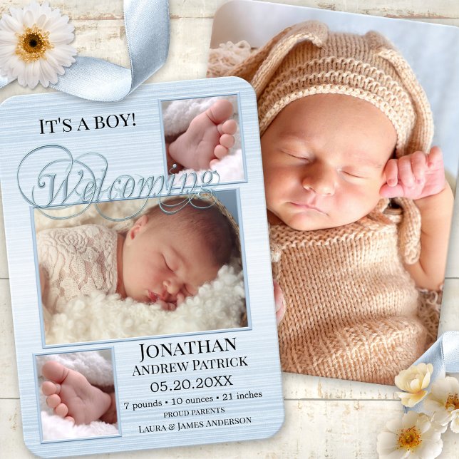 Blue Burlap Baby Birth Fotos Announccard Dankeskarte (Elegant birth announcement card featuring custom photos on pastel blue burlap)