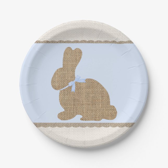 Blue & Burlap Rustic Bunny Oaster Baby Dusche Pappteller (Vorderseite)