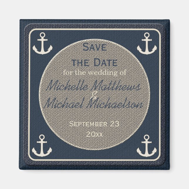Blue Burlap Ship's Anchor Nautical Save the Date Magnet (Vorne)