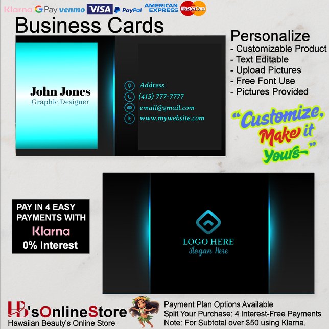 Blue Business Cards 16 Pack mit 100 Stück Visitenkarte (Black & Neon Blue Business Cards 16 Pack of 100.)