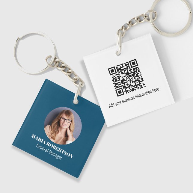 Blue Business Foto Einfach kundenspezifisch Schlüsselanhänger (Blue Photo or logo keychain with a scannable QR code. Great for business professionals. )