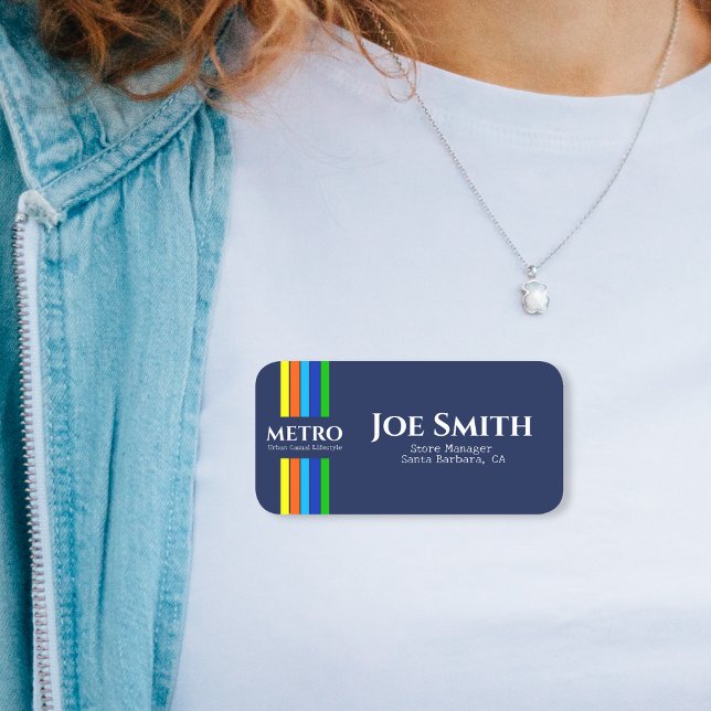 Blue Business Name Urban Moderne vertikale Streife Namensschild (Von Creator hochgeladen)