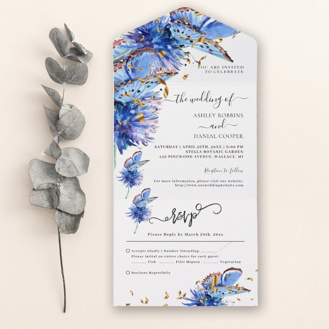 Blue Butterflies Gold Wedding All In One Einladung (Von Creator hochgeladen)