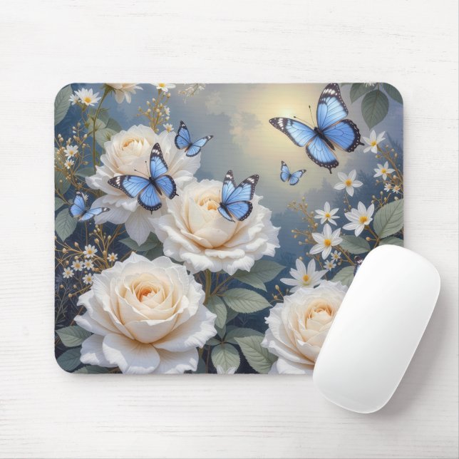 Blue Butterflies in a White Rose Garden Mousepad (Mit Mouse)