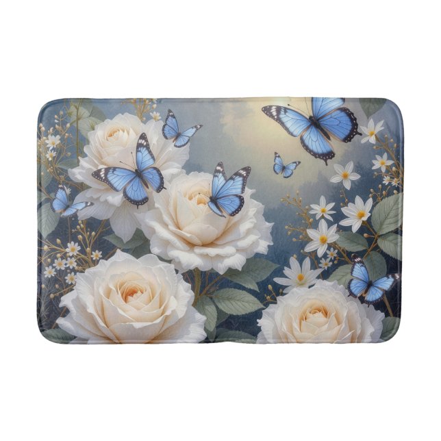 Blue Butterflies On White Roses and Daisies Badematte (Vorderseite)
