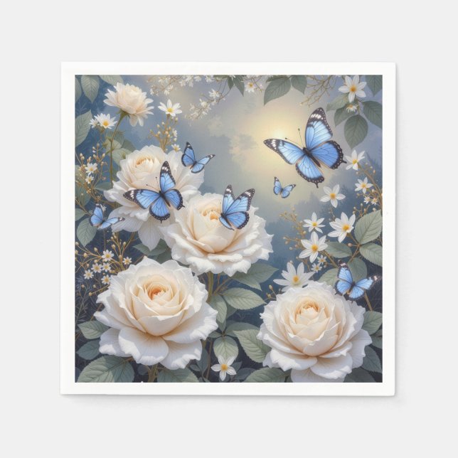 Blue Butterflies On White Roses and Daisies Serviette (Vorderseite)