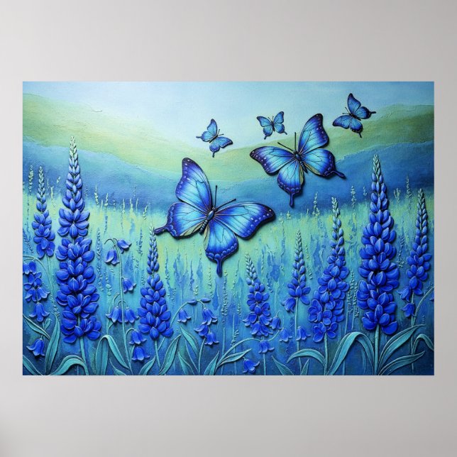 Blue Butterflies with Blue Flowers, Poster (Vorne)