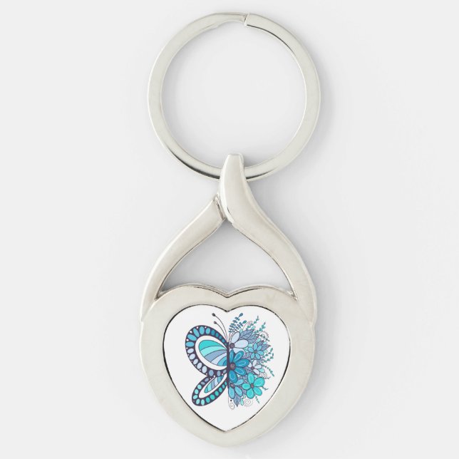 Blue Butterfly Blume Herz Keychain Schlüsselanhänger (Vorderseite)