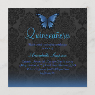 Blue Butterfly & Damask Quinceanera Einladung