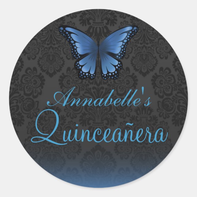 Blue Butterfly & Damask Quinceañera Sticker (Vorderseite)