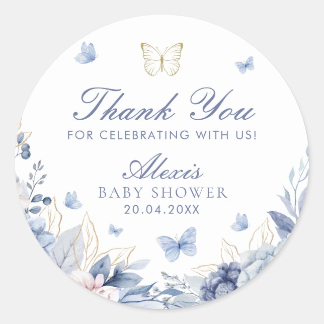 Blue Butterfly Danke Boy Baby Dusche Runder Aufkleber (Vorderseite)