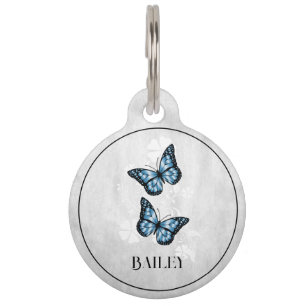Blue Butterfly Floral Round Pen Tag Haustiermarke