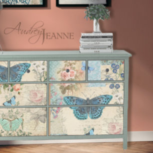 Blue Butterfly Floral Script Ephemera Decoupage Seidenpapier