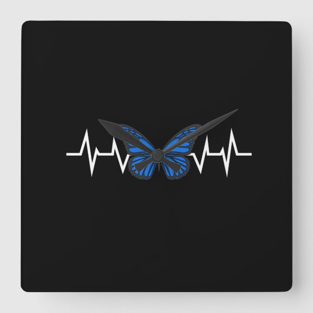 Blue Butterfly Heartbeat Quadratische Wanduhr (Vorderseite)