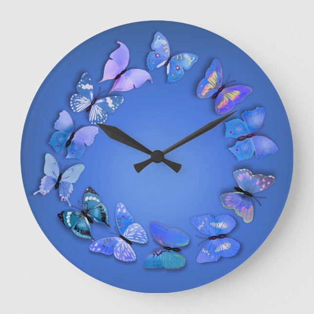 Blue Butterfly New Wall Clock Große Wanduhr (Vorderseite)