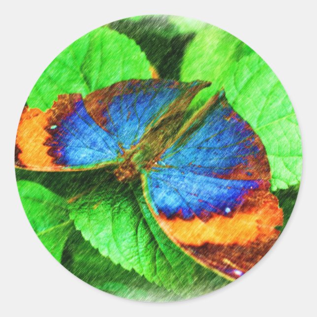 Blue Butterfly Pencil Art Runder Aufkleber (Vorderseite)