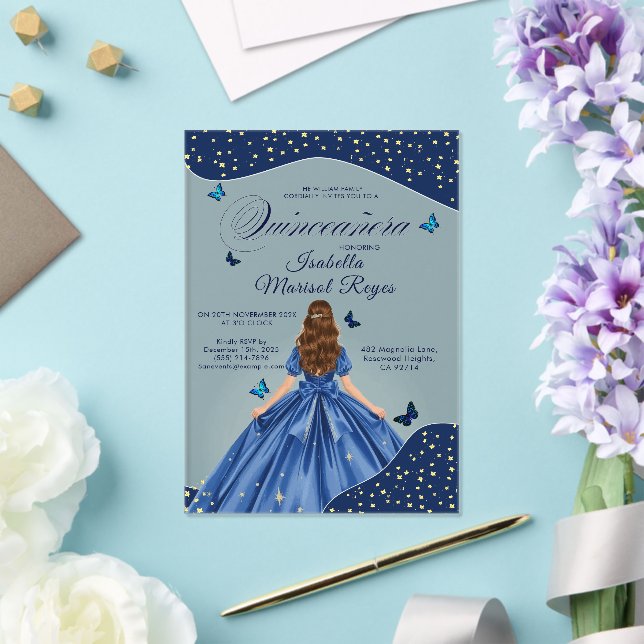 Blue Butterfly Quinceañera Gown Starry Night Acryleinladungen (In Situ (Hochzeit))