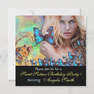 BLUE BUTTERFLY SWEET 16 PARTY MONOGRAM EINLADUNG