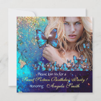 BLUE BUTTERFLY SWEET 16 PARTY MONOGRAM EINLADUNG