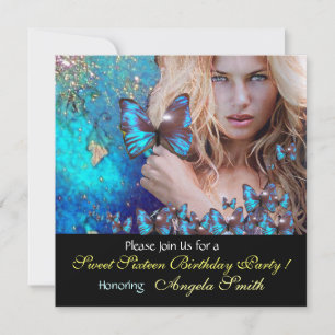 BLUE BUTTERFLY SWEET 16 PARTY MONOGRAMM, GOLD EINLADUNG