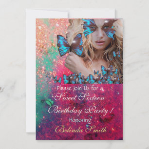 BLUE BUTTERFLY SWEET 16 PARTY MONOGRAMM, GOLD EINLADUNG