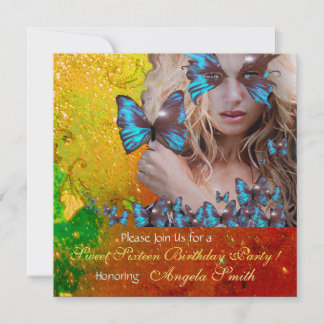 BLUE BUTTERFLY SWEET 16 PARTY MONOGRAMM, GOLD EINLADUNG