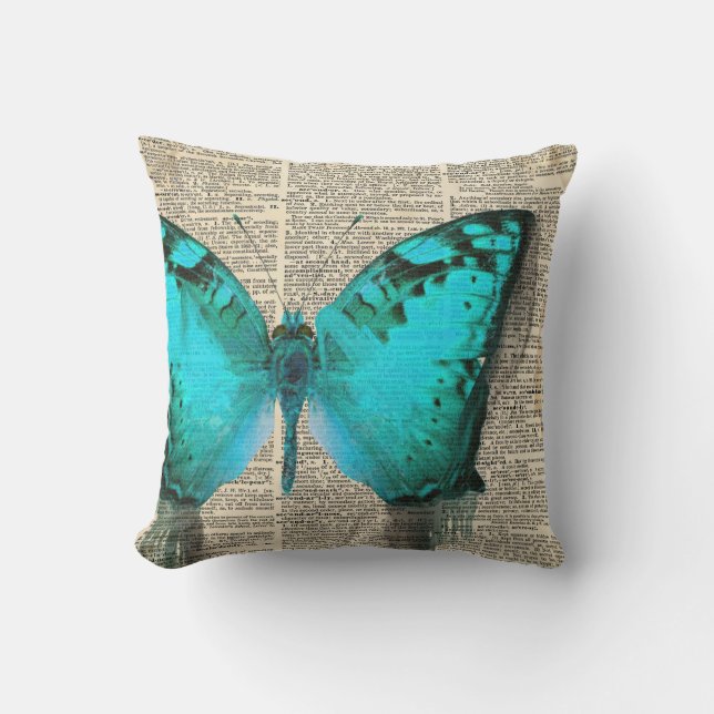 Blue Butterfly, Vintager Wörterbuchausdruck, dekor Kissen (Vorderseite)