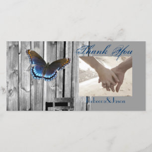 BLue Butterfly Wedding Grey Barn Wood Dankeskarte