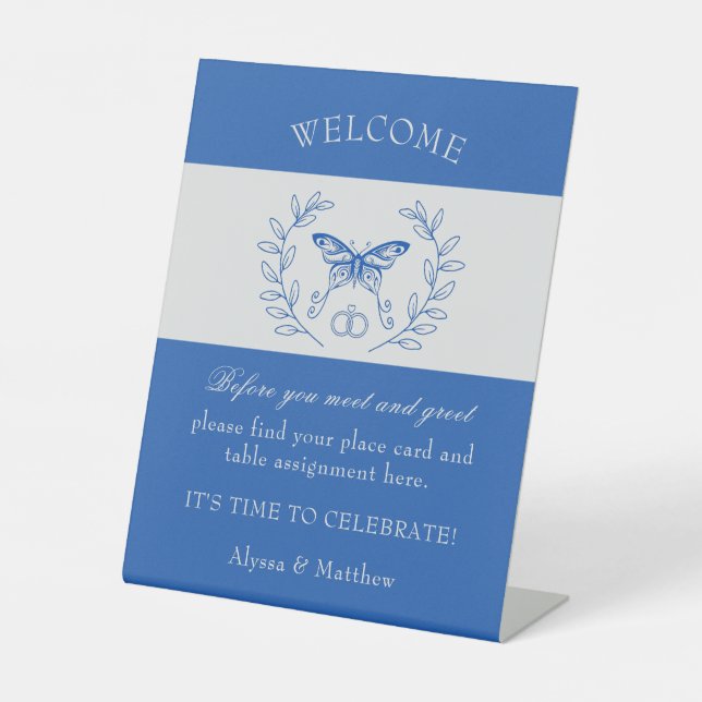 Blue Butterfly Wedding Platzkarte Tabletop Zeichen Sockelschild (Vorderseite)