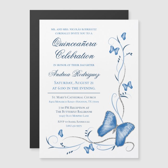 Blue Butterfly & Wirbel Quinceañera Magneteinladung (Vorne/Hinten)
