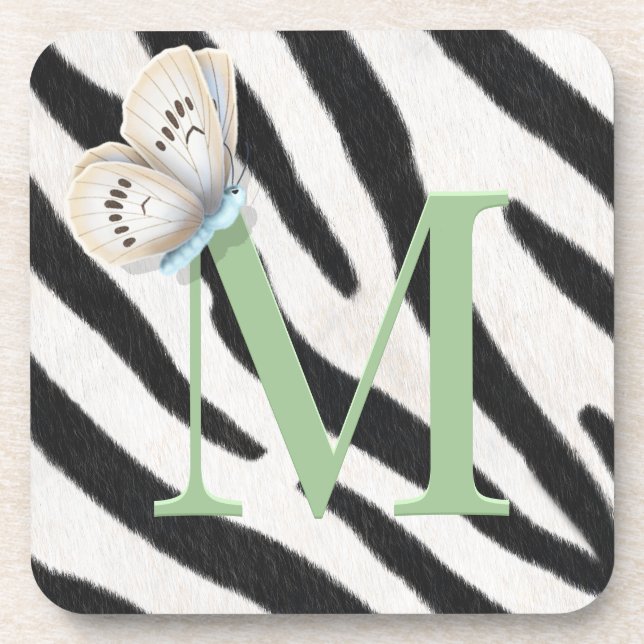 Blue Butterfly & Zebra Fur Green Monogram Custom Getränkeuntersetzer (Vorderseite)