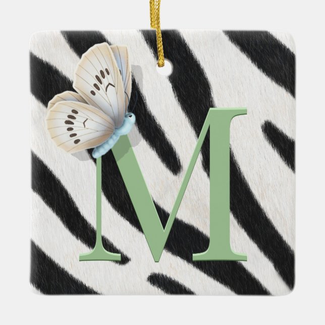 Blue Butterfly & Zebra Fur Green Monogram Custom Keramikornament (Vorderseite)
