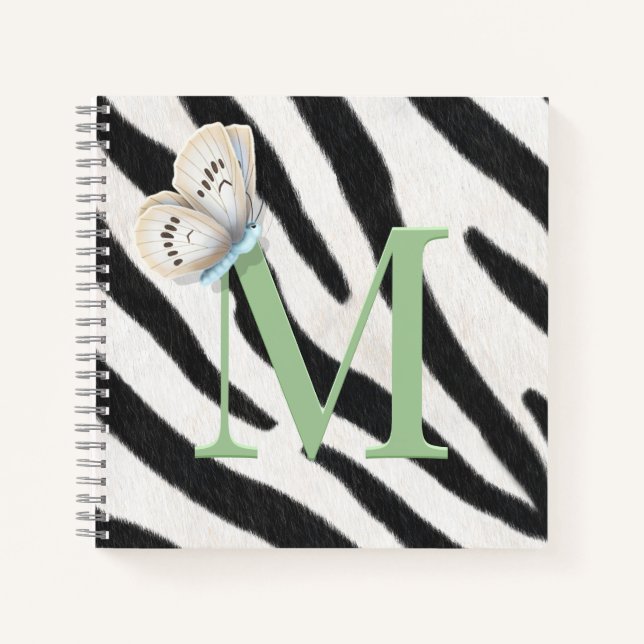 Blue Butterfly & Zebra Fur Green Monogram Custom Notizbuch (Vorderseite)