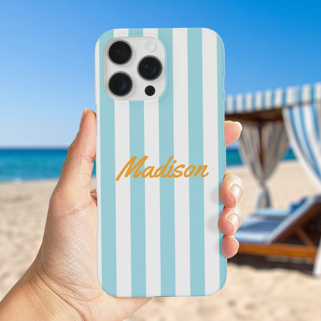 Blue Cabana Stripes Retro Monogramm Case-Mate iPhone Hülle (Von Creator hochgeladen)