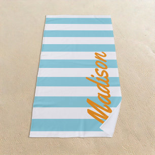 Blue Cabana Stripes Retro Monogramm Strandtuch