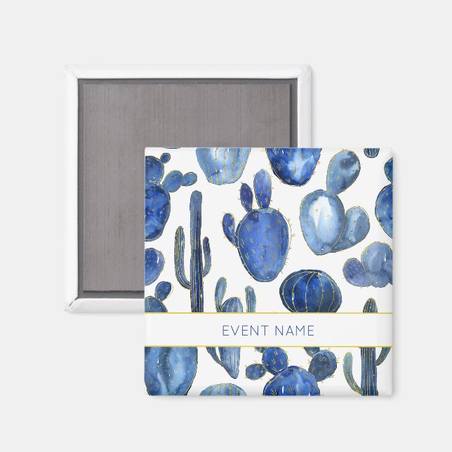 Blue Cactus Art Desert Chic Gold Custom EVENT NAME Magnet (Vorderseite/Rückseite)