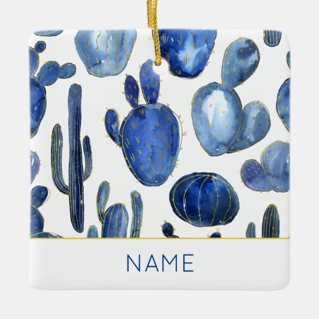 Blue Cactus Gold Wüste Chic NAME Travel Fun Keramikornament (Vorderseite)