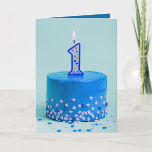 Blue Cake und Candle zum ersten Geburtstag Karte