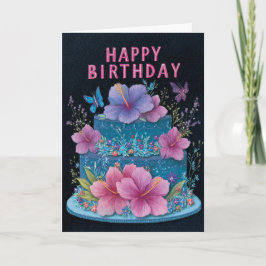 Blue Cake with Pink Hibiscus Birthday Greeting Car Karte