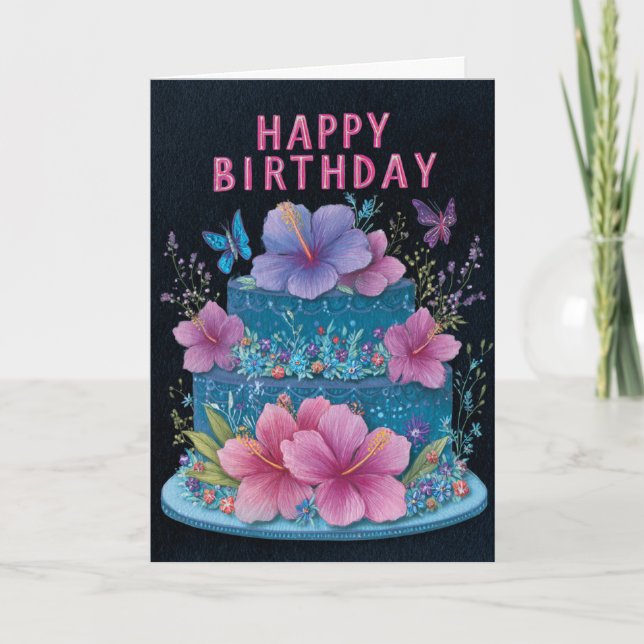 Blue Cake with Pink Hibiscus Birthday Greeting Car Karte (Vorderseite)