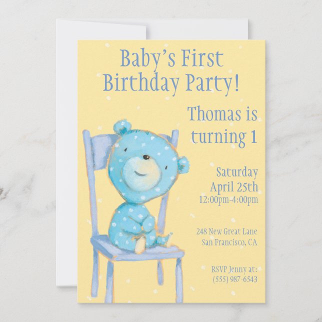 Blue Calico Bear Birthday Einladung (Vorderseite)
