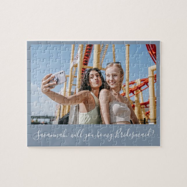 Blue Calligraphy Custom Foto von Bridesmaid Propoa Puzzle (Horizontal)