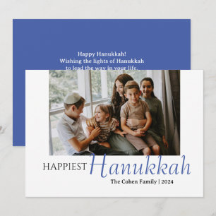 Blue Calligraphy Happiest Hanukkah Family 1 Foto Feiertagskarte