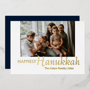 Blue Calligraphy Happiest Hanukkah Family 1 Foto Folien Feiertagskarte