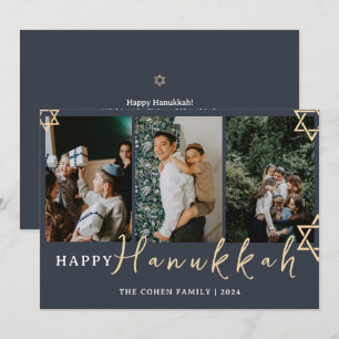 Blue Calligraphy Happy Hanukkah Familie 3 Foto Feiertagskarte
