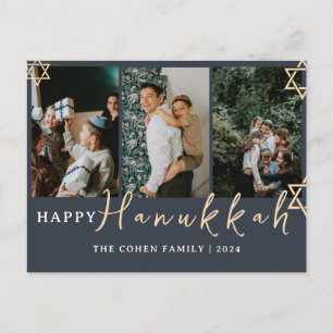 Blue Calligraphy Happy Hanukkah Familie 3 Foto Feiertagspostkarte