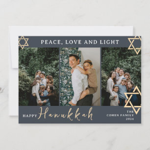 Blue Calligraphy Happy Hanukkah Familie Drei Fotos Feiertagskarte