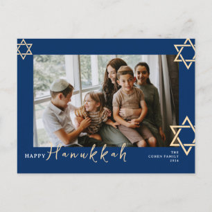 Blue Calligraphy Happy Hanukkah Familie ein Foto Feiertagspostkarte