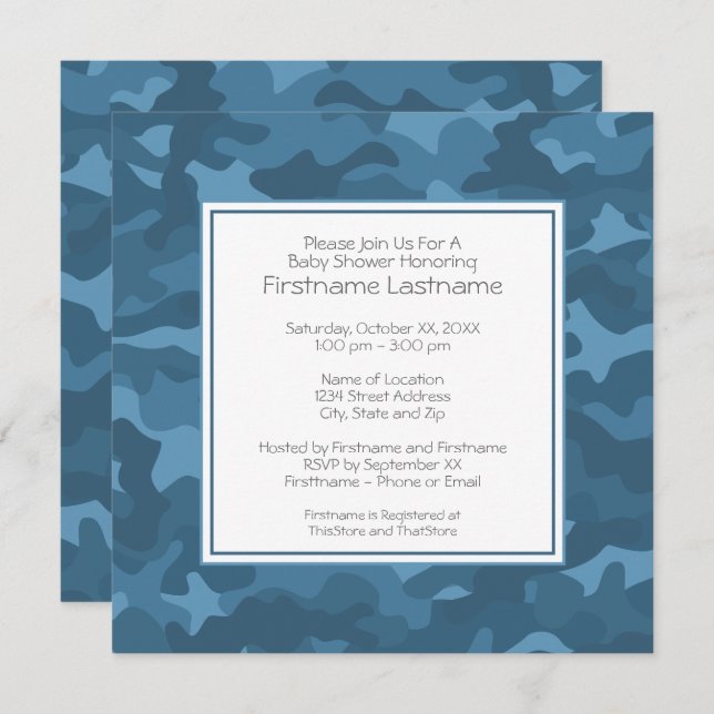 Blue Camouflage Baby Boy Dusche oder Party Einladung (Vorne/Hinten)